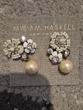 Miriam Haskell White/Cream Pearl Floral Drop Earrings with Crystal Accents Bride